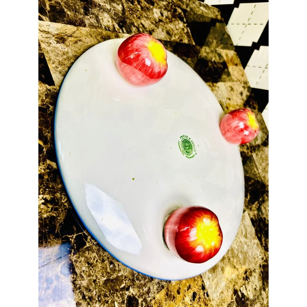Apple Footed Pedestal‎ Plate Portuguese Hand Painted Fruit Ceramic Cake Stand